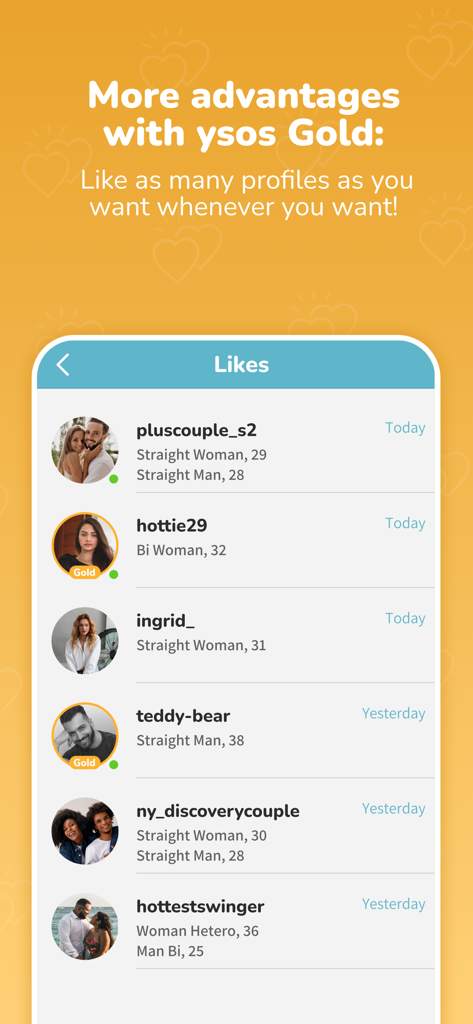 ysos: Couple meeting & dating - A list of profile likes on the ysos dating app showing couples and singles with premium Gold benefits