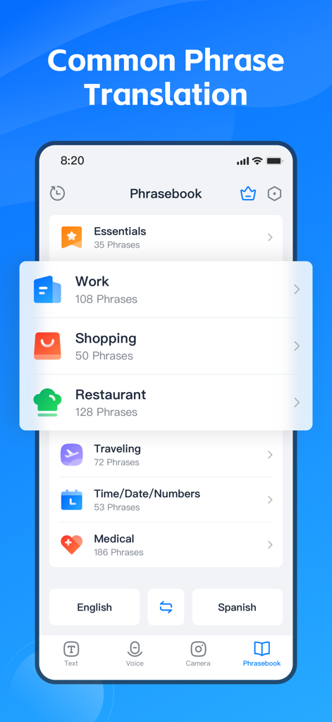 AI Translate Go app phrasebook screen showing translation categories for work shopping and restaurants