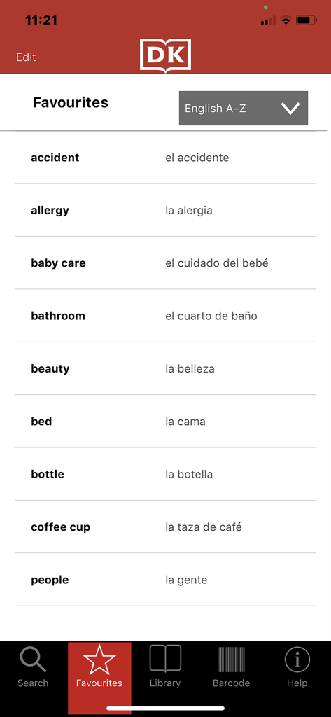 DK Visual Dictionary (2017) - Favourites screen of the DK Visual Dictionary app showing a list of English and Spanish vocabulary words.