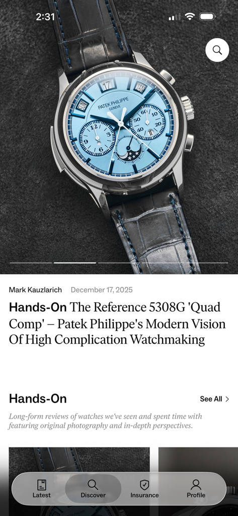 Hodinkee: All Things Watches - Ecrã da aplicação Hodinkee a exibir um artigo Hands-On sobre um relógio Patek Philippe