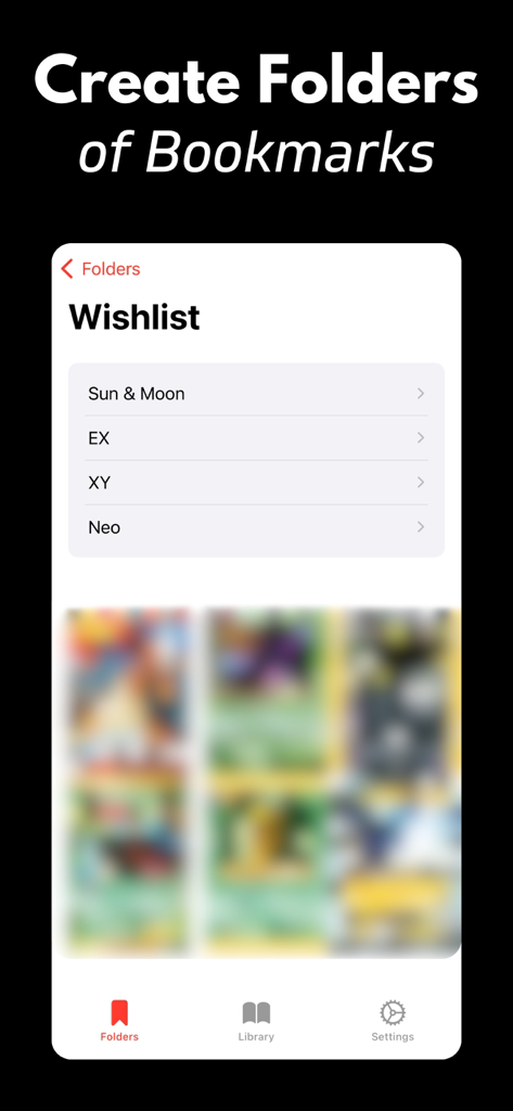 TCG Scanner for Pokemon app screen showing organized bookmark folders and wishlist categories