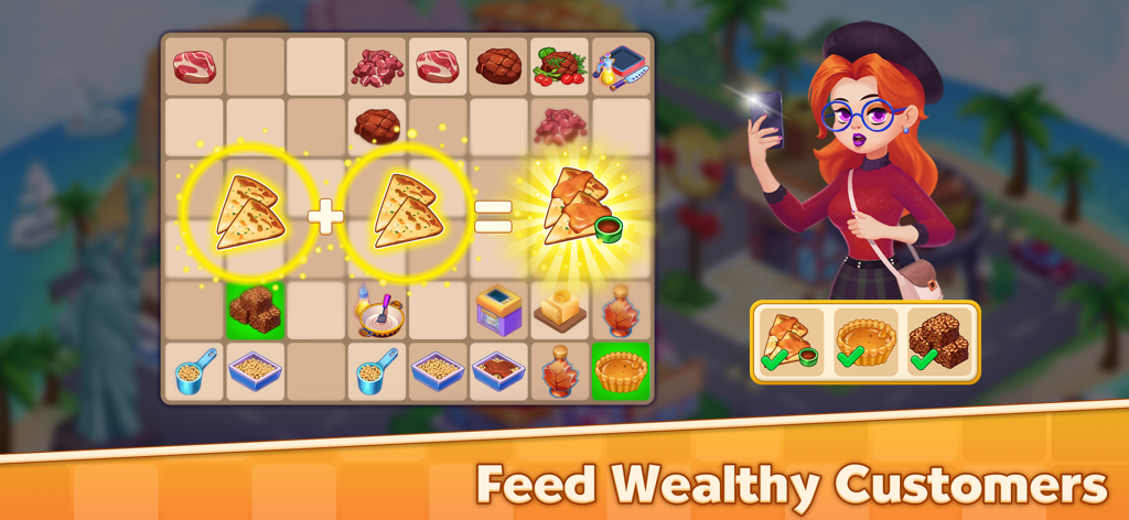 Magic Kitchen : Merge Game - Gameplay screenshot of Magic Kitchen Merge Game showing a food merge board and a character ready to receive orders