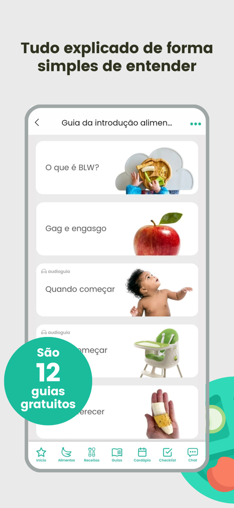 BLW Brasil Alimentação Bebês - 窒息や開始時期などのトピックを含む12の無料離乳食ガイドのリストを表示するモバイル画面。