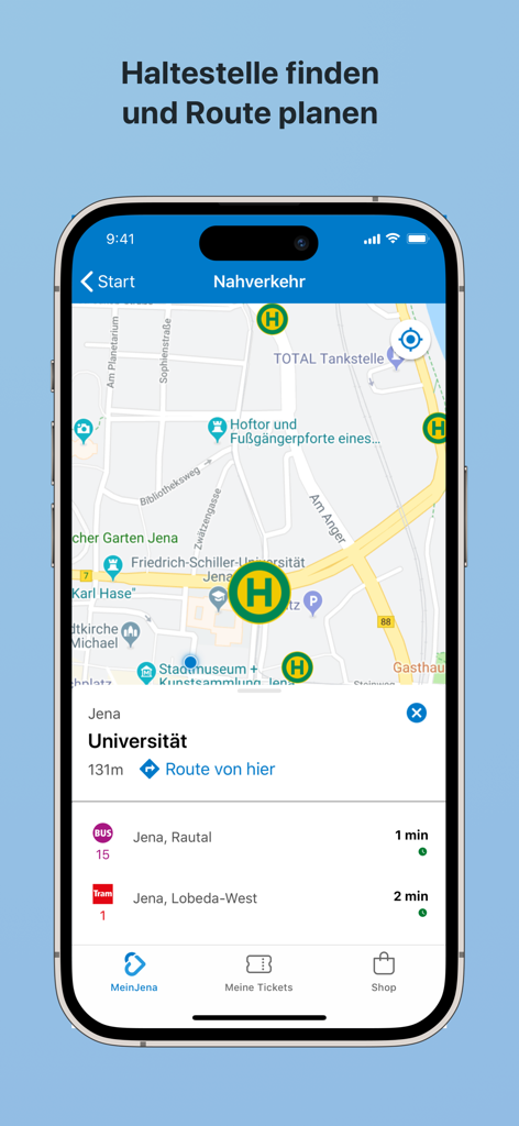 MeinJena ... meine App. - MeinJena app interface showing a city map with public transport stops and real-time departure schedules for buses and trams