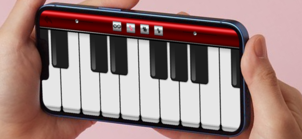 Hands holding a smartphone displaying a virtual piano keyboard with a red control bar