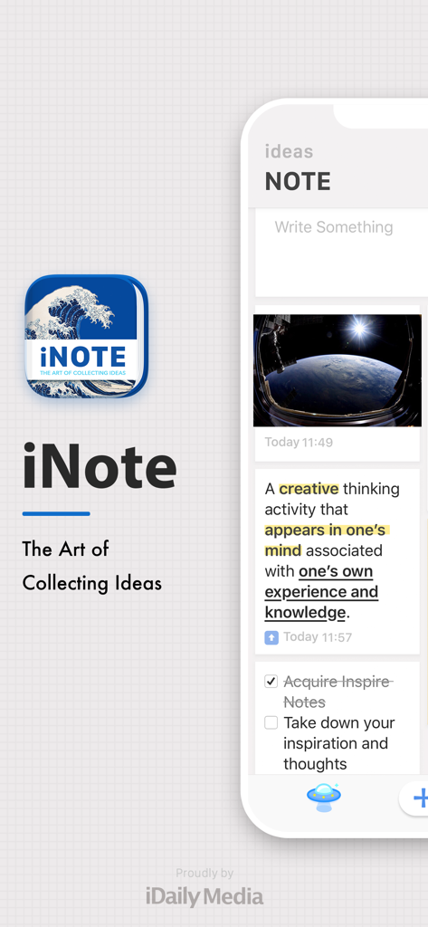 iNote app interface showing photos text highlights and checklists for creative note taking