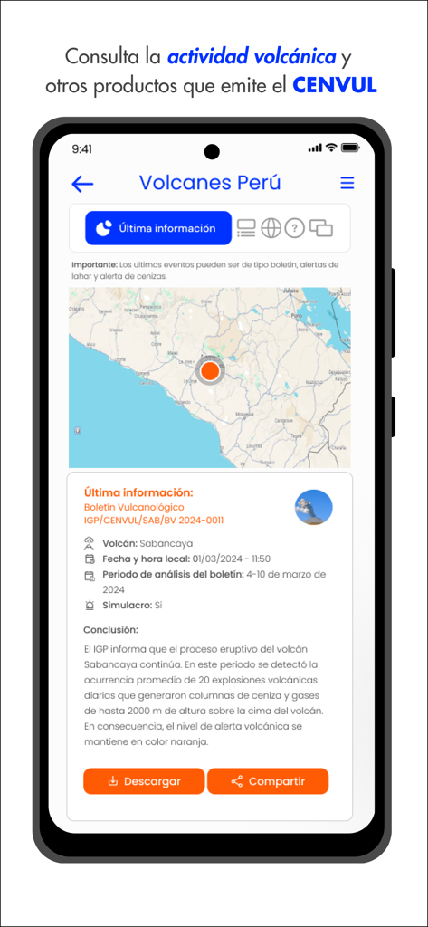 #IGP - App mobile IGP che mostra un rapporto sull'attività vulcanica e una mappa per il vulcano Sabancaya in Perù