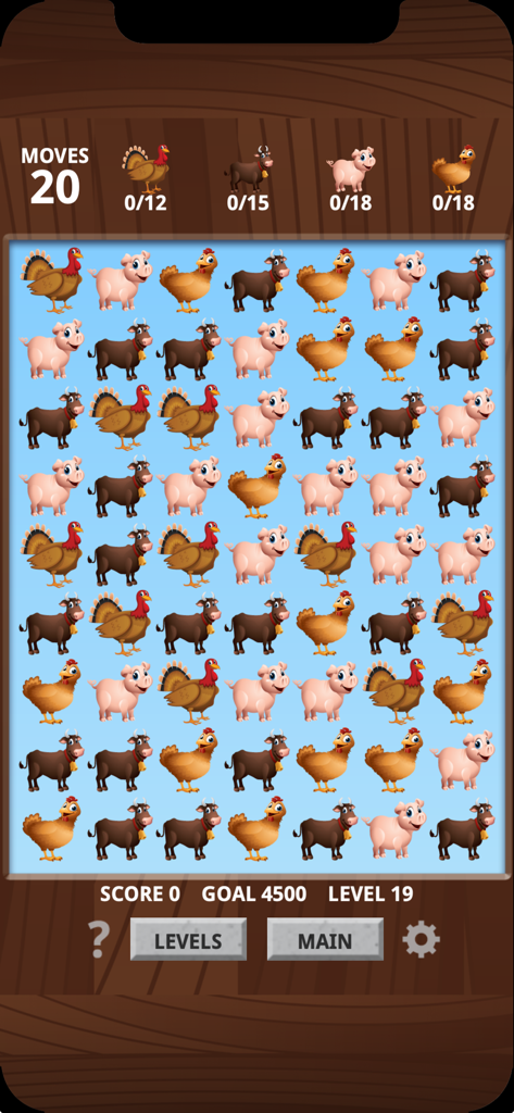 Farm Animal Match Up Game - Gameplay screen of Farm Animal Match Up Game showing a grid of cartoon animals and level goals