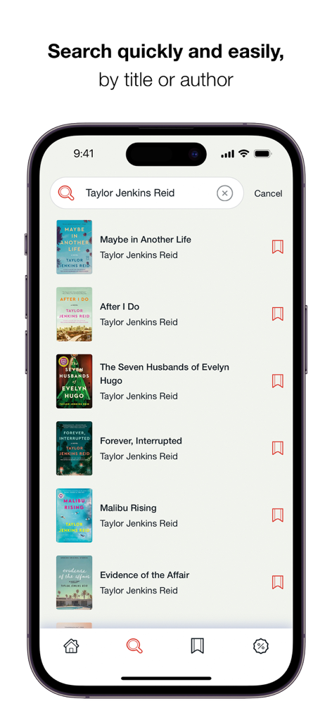 A search results page in the BookBub app showing books by author Taylor Jenkins Reid with wishlist buttons.
