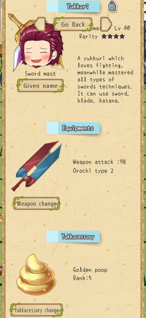 Yukkuri My Friends - Character profile screen in Yukkuri My Friends showing a Sword master with weapon and accessory details