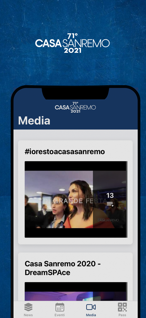 CasaSanremo - A smartphone screen displaying the media gallery of the CasaSanremo app featuring festival video highlights