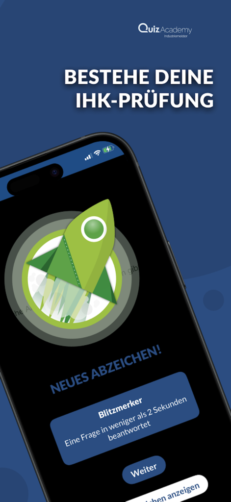 Erfolgsbildschirm in der Industriemeister Prufung App, der eine Raketen-Auszeichnung für schnelles Beantworten von Fragen zeigt