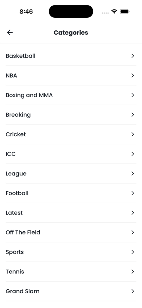 M Sports Pakistan - Captura de pantalla de la aplicación M Sports Pakistan mostrando un menú de categorías deportivas que incluyen Baloncesto, Cricket y Fútbol.