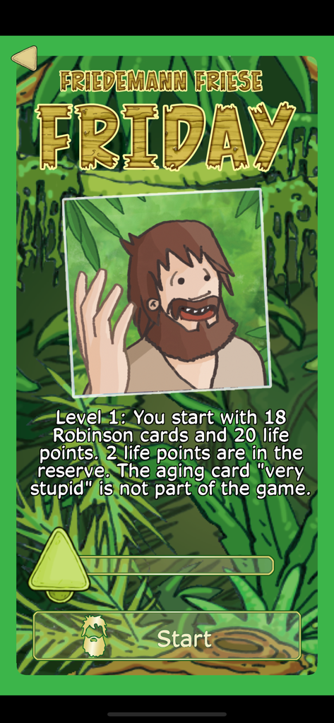 Friday - by Friedemann Friese - Friday Spielstartbildschirm mit Details zu Level eins und Robinson-Charakter