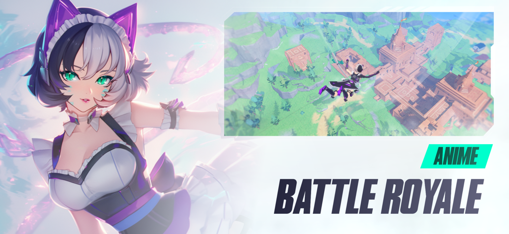 Anime character with cat ears alongside a gameplay preview of a battle royale map for AimLock