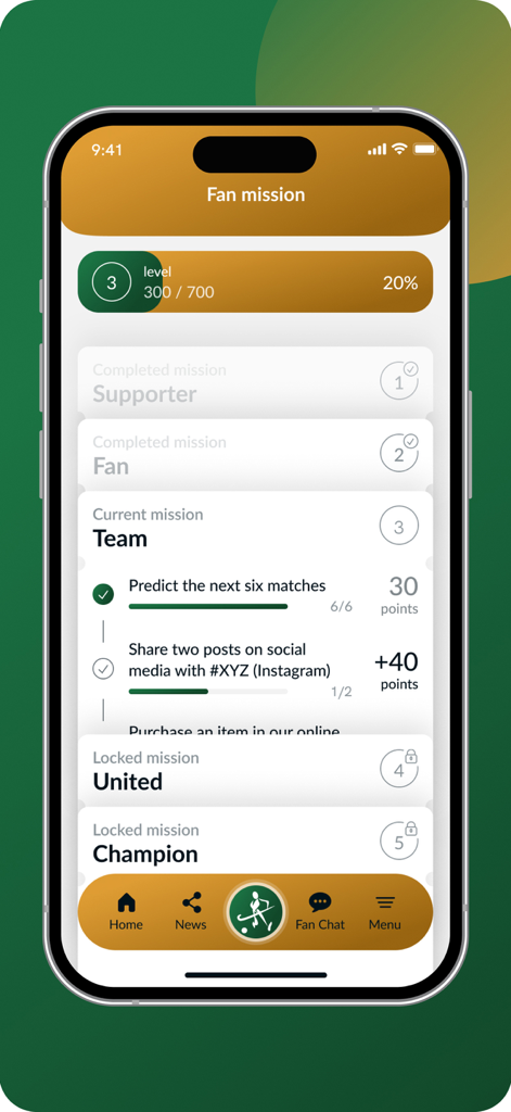 SA HOCKEY ASSOCIATION - Fan mission screen of the SA Hockey Association app showing user level progress and mission objectives