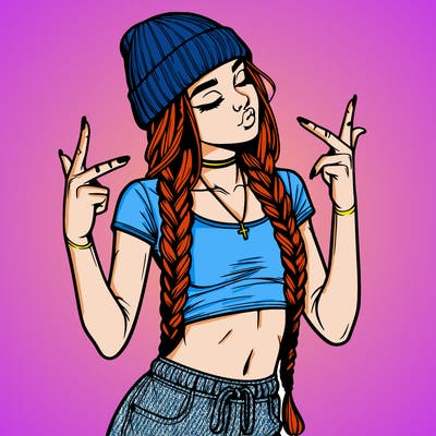 realistic teenage girl with braids and a beanie and crop top doing 🫶🏼