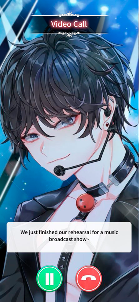 LoveUnholyc - A video call screen from the LoveUnholyc game featuring a handsome anime male character with dark hair and a headset.
