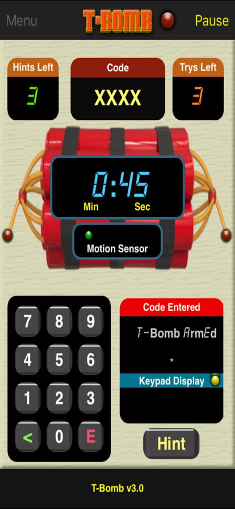 T-Bomb - Interface de jogo T-Bomb mostrando um maço de dinamite com um cronômetro e um teclado numérico para decifrar o código.