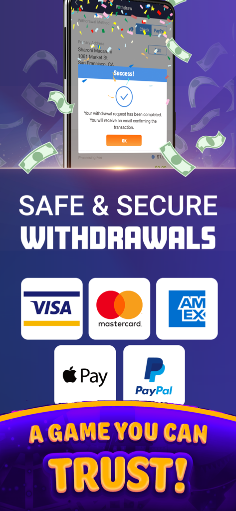 Real Cash Bubble Buzz Shooter - Secure withdrawal screen showing payment options like Visa Mastercard and PayPal in the Bubble Buzz Shooter app