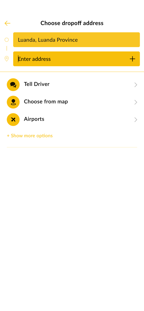 UGO mobile app screen for choosing a dropoff address with airport booking and map options