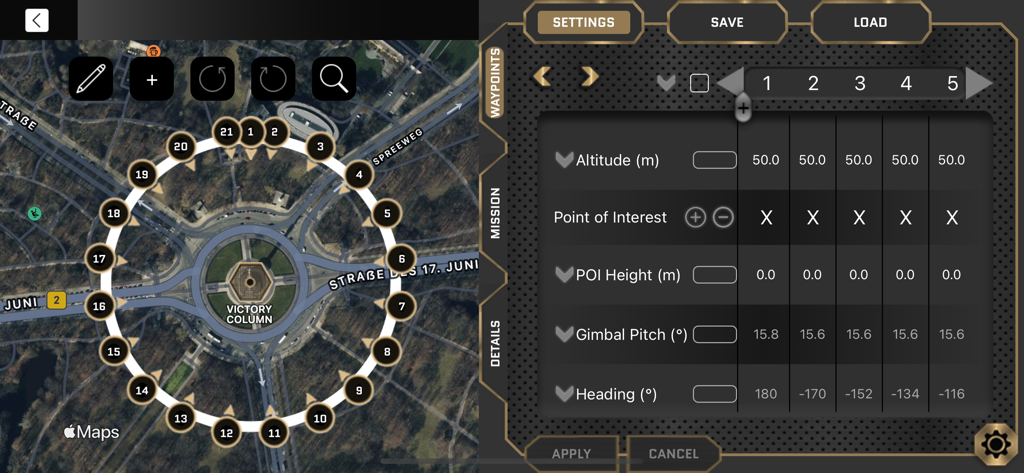 One Click Drone - Interface of the One Click Drone app showing a circular waypoint mission on a map and detailed flight settings