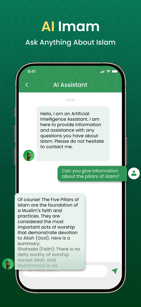 AI Imam chat interface in the Muslim App providing information about the pillars of Islam
