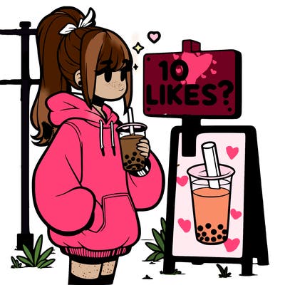 girl with oversized hoodie drinking boba and she has a high ponytail with a sign that says 10likes?