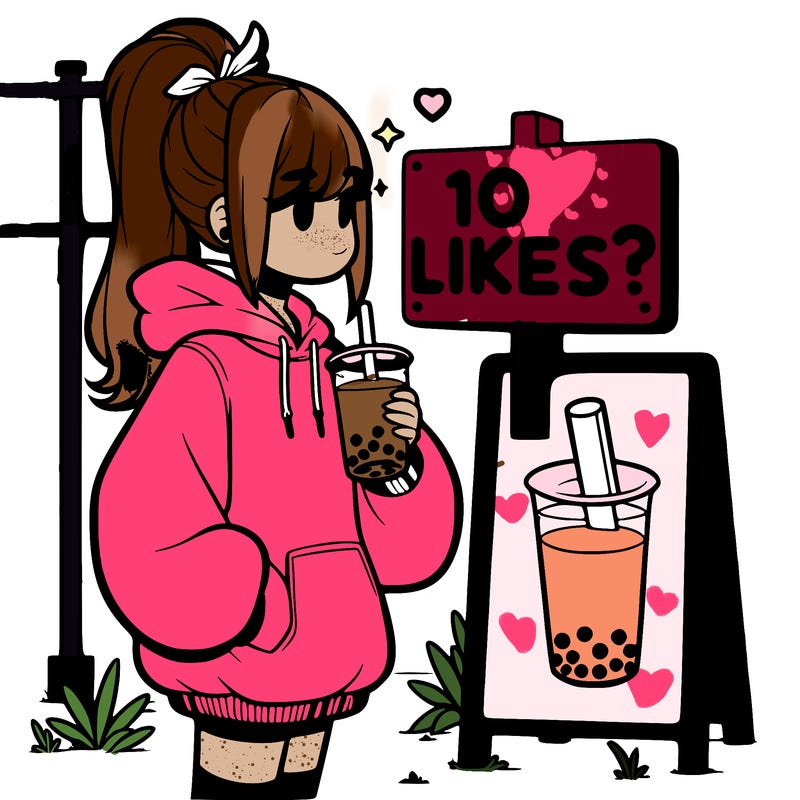 girl with oversized hoodie drinking boba and she has a high ponytail with a sign that says 10likes?