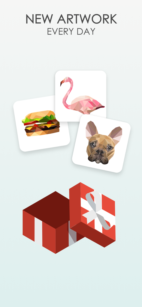 Poly Art Jigsaw 3D Puzzle Game - Promotional graphic showing new daily low poly art puzzles featuring a flamingo a dog and a burger