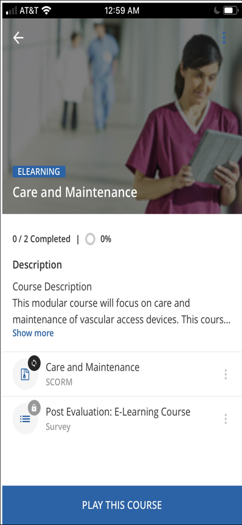 A screenshot of the Teleflex Academy app showing the details for a clinical eLearning course titled Care and Maintenance focusing on vascular access devices.