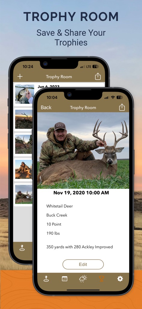 Hunt & Fish Times by iSolunar™ - A screenshot of the Trophy Room feature in the Hunt and Fish Times app displaying a hunter with a whitetail deer and catch details