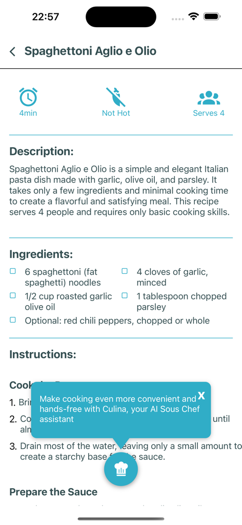 Culina: Ultimate Recipe Book - Ricetta Spaghettoni Aglio e Olio sull'app Culina con assistenza Aiuto Chef AI