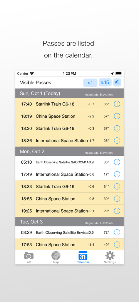 SpaceStationAR - A list of visible satellite passes for Starlink and ISS on the app calendar view.