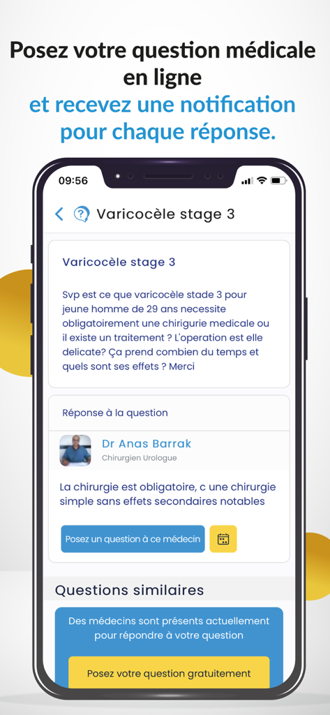 Med - Interfaz de la aplicación Med que muestra un intercambio de preguntas y respuestas médicas con un doctor.