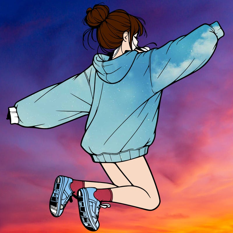 realistic girl jumping with a bun and oversized sweatshirt