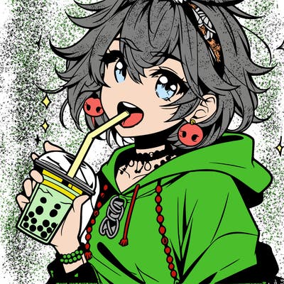 hot baddie anime girl drinking boba and biting the straw