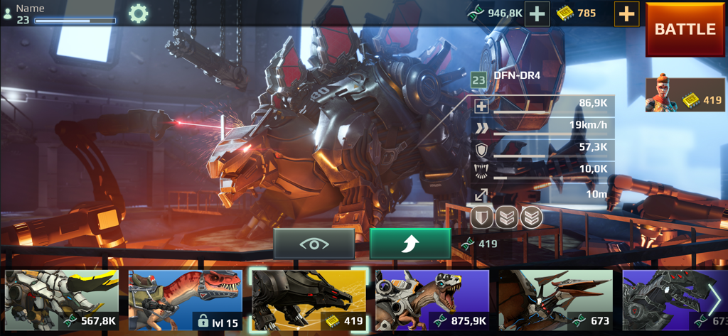 Jurassic Monster World 3D FPS - Mechanized dinosaur in a futuristic workshop with robotic arms and character selection menu