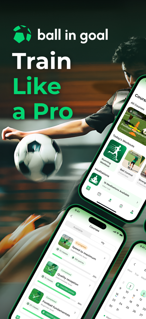 Ball in Goal: Soccer Training - Interface do aplicativo de treinamento de futebol Ball in Goal exibindo vários cursos e exercícios de treinamento