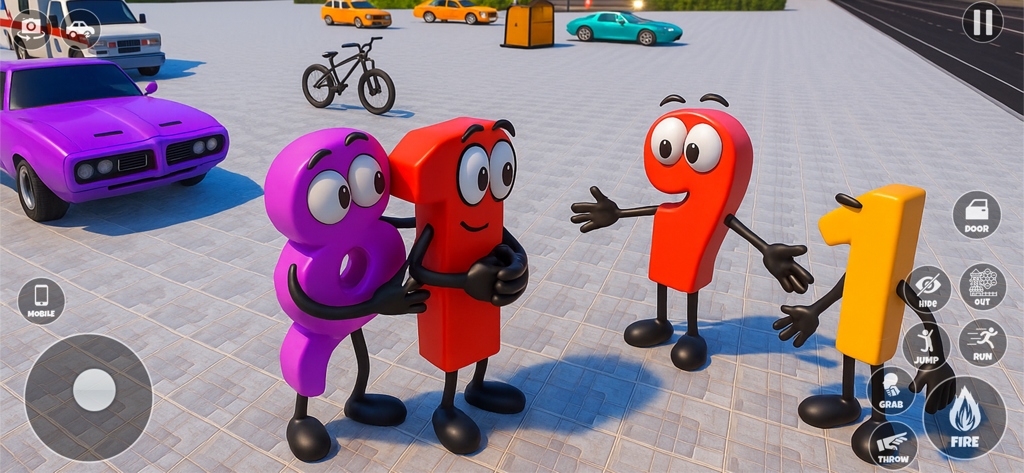 Personnages numériques animés interagissant sur une place de ville avec des voitures et un vélo dans Number Toons Crime City