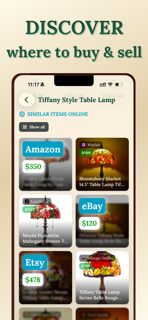 Antique identifier app showing price comparisons for a Tiffany style lamp across online marketplaces