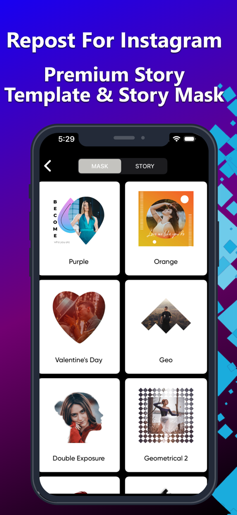 InstaSave : IG Reels Stories - Interface of InstaSave app showing various creative story mask templates for Instagram reposting.