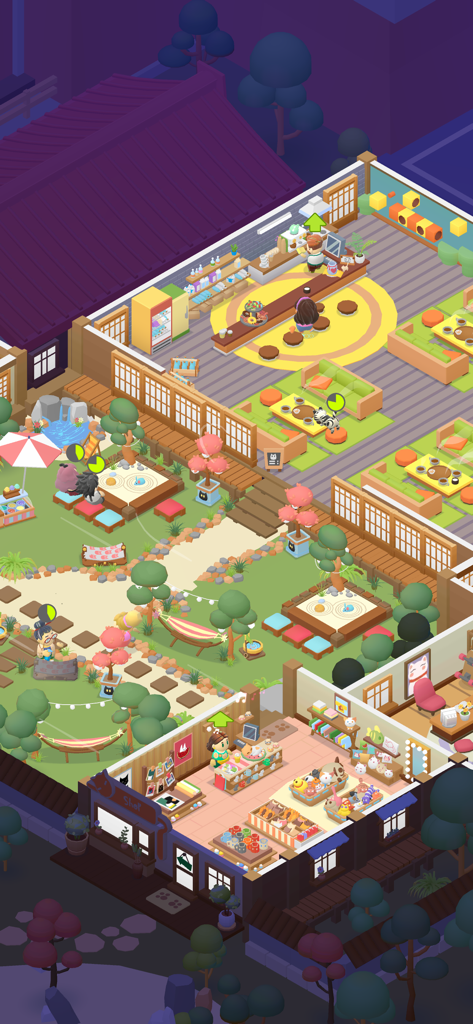 Isometric view of a cozy Japanese-themed cat shelter featuring a cafe, gift shop, and outdoor zen gardens.