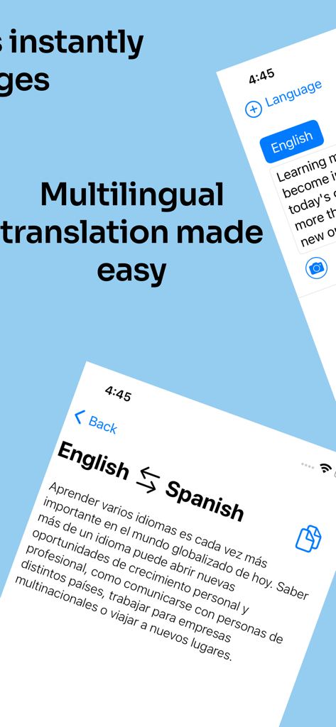 Deep Translate app interface showing English to Spanish translation and the text Multilingual translation made easy
