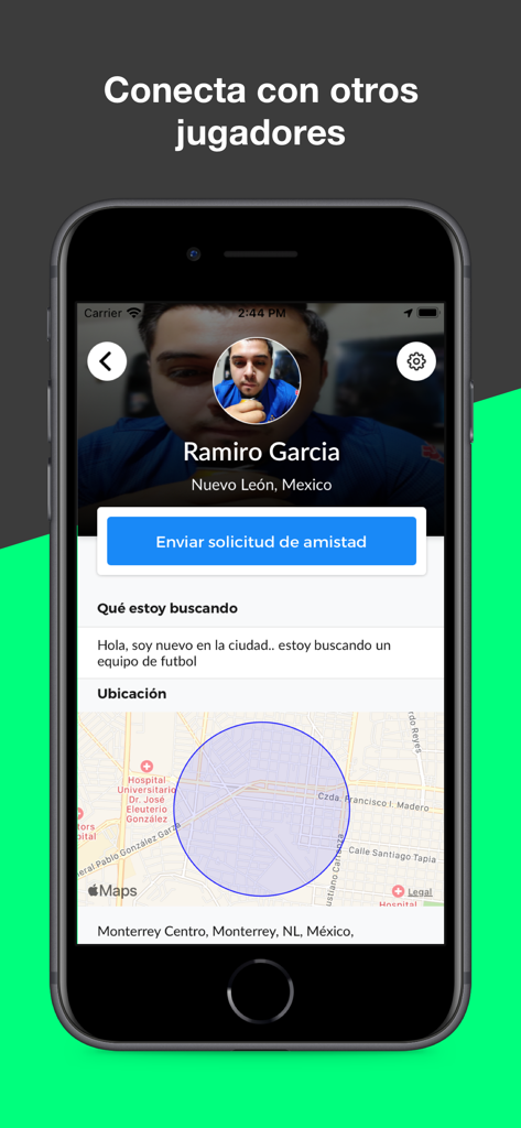 Sportwey - Sportwey app screen showing a player profile for Ramiro Garcia with a button to send a friend request and a map location.