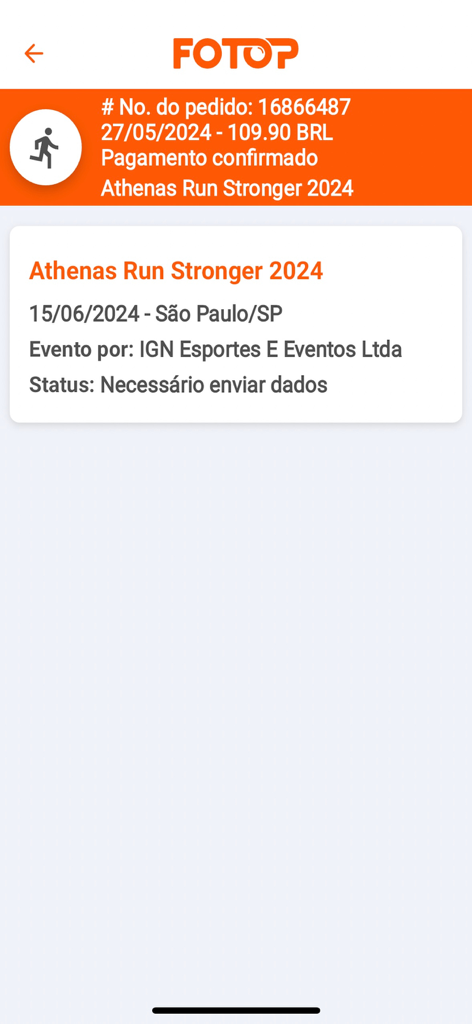 Order confirmation screen in the Fotop app showing purchase details for the Athenas Run Stronger 2024 event