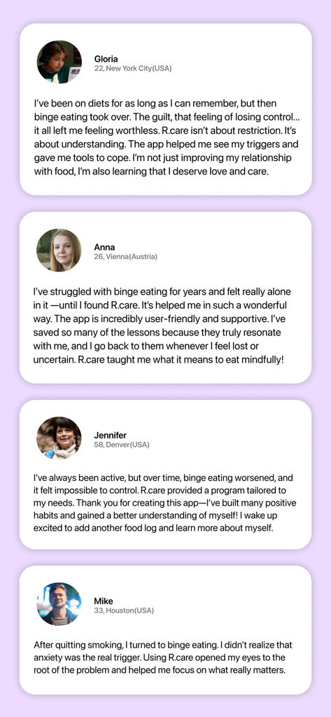 R.care - Binge Eating Recovery - User reviews and success stories for the R.care binge eating recovery app from diverse users