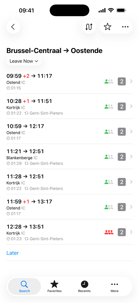 Railer – Train timetable - Horaires des trains de Bruxelles-Central à Ostende : heures de départ, retards et numéros de quai