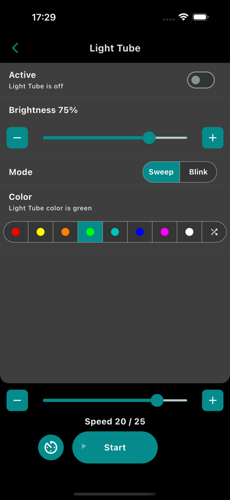 Interface do aplicativo EMDR kit mostrando configurações do tubo de luz para brilho, cor e velocidade