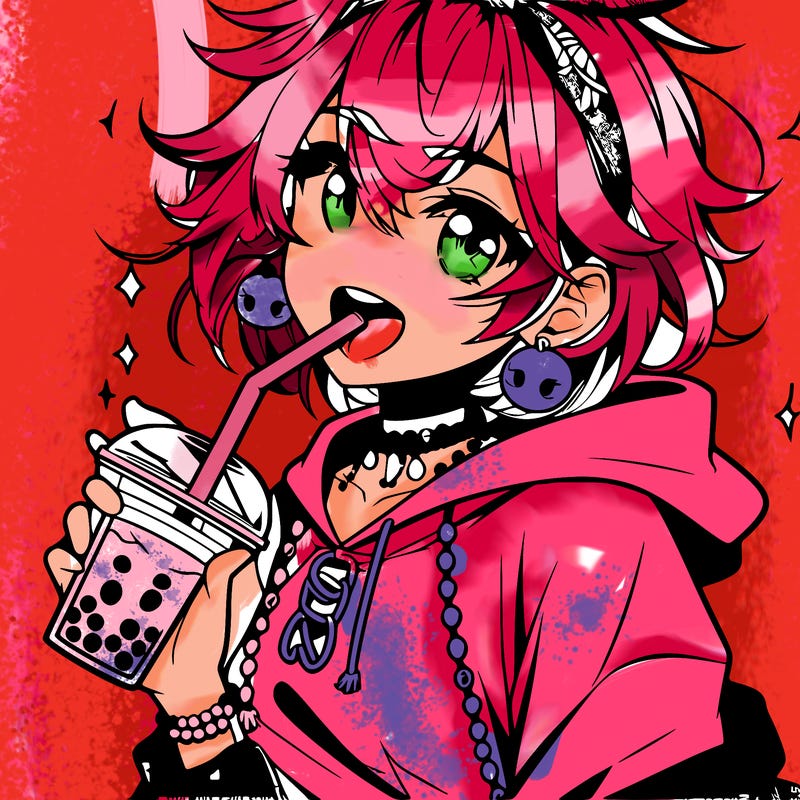 hot baddie anime girl drinking boba and biting the straw